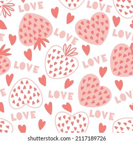 Abstract seamless pattern with strawberries and hearts. Strawberry heart, heart, lettering love, seamless pattern. Romantic background for valentine's day. Decorative wallpaper with berries.