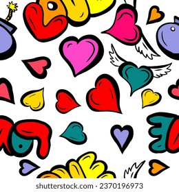 Abstract seamless pattern with street wall graffiti art. Teenager urban print. hand drawing. Not AI, Illustrat3. Seamless background of graffiti hearts. Vector illustration