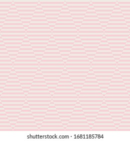An abstract, seamless pattern of striped diamonds. Pink on a beige background.