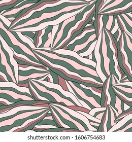 Abstract seamless pattern with striped leaves. Camouflage design. Vector. Green, pink, beige and brown stripes.