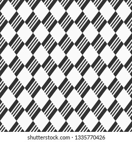 Abstract seamless pattern of striped rhombuses. Modern stylish texture. Repeating geometric tiles. Parallel diagonal stripes of different thickness. Vector monochrome background.