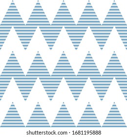 An abstract, seamless pattern of striped zig zags. Beige, blue and white.