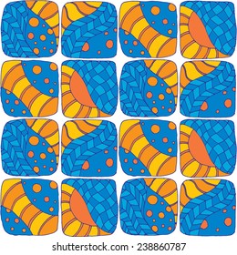 Abstract seamless pattern of stripes and circles. In the blue and orange colors, doodle style. Can be used to design the covers of books, notebooks, CD, paper and others.