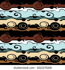 Abstract seamless pattern of stripes and swirls. Creative design in blue, yellow, brown, green and black for textile or paper design