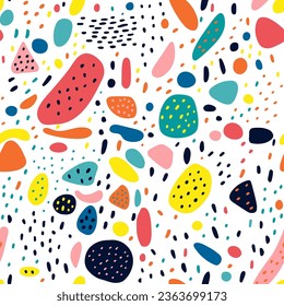 Abstrakter, nahtloser Musterstrich für Kinder im Memphis-Stil. Geometrischer handgezeichneter Druck, Textil, Tapete.