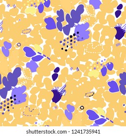 Abstract seamless pattern with strokes, dots and floral elements drawn in vintage style of 80's and 90's. Bright vector design