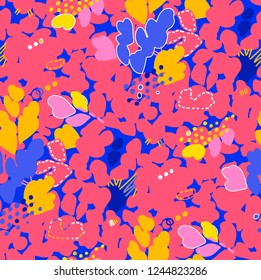 Abstract seamless pattern with strokes, dots and floral elements drawn in vintage style of 80's and 90's. Bright vector design