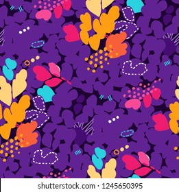 Abstract seamless pattern with strokes, dots and floral elements drawn in vintage style of 80's and 90's. Bright vector design
