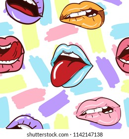 
Patrón abstracto sin fisuras con trazos y labios. Antecedentes de tela, textil, tela, tela, papel envolvente, ropa de color pastel.