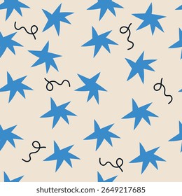 Abstract seamless pattern stylised scribble shapes, stars, and geometric elements on background. Flat graphic style modern design concept. Design for textile, wallpaper, poster, banner, print