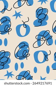 Abstract seamless pattern stylised scribble shapes, stars, and geometric elements on background. Flat graphic style modern design concept. Design for textile, wallpaper, poster, banner, print