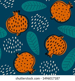 Abstract seamless pattern with stylized cartoon garnets. Design with colorful garnets and leafs. Seamless pattern with fruits in scandinavian style