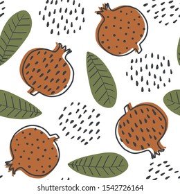 Abstract seamless pattern with stylized cartoon garnets. Design with colorful garnets and leafs. Seamless pattern with fruits in scandinavian style. Delicate nature background