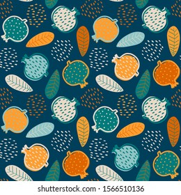 Abstract seamless pattern with stylized cartoon garnets. Design with colorful garnets and leafs. Seamless pattern with fruits in scandinavian style. Colorful nature background