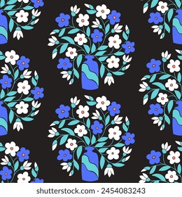 Abstract seamless pattern with stylized flowers in vase and round shape. Modern flat vector print with flat floral bunch on black background.