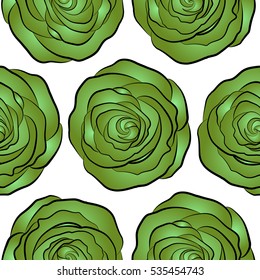Abstract seamless pattern with stylized green rose flowers. Hold rose flower. Rose texture vector Illustration.