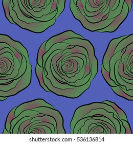 Abstract seamless pattern with stylized green, blue and purple rose flowers. Hold rose flower. Rose texture vector Illustration.