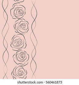 Abstract seamless pattern with stylized neutral and black rose flowers and copy space (place for your text). Hold rose flower. Vertical rose texture vector Illustration.