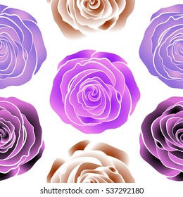 Abstract seamless pattern with stylized pink, violet and white rose flowers. Hold rose flower. Rose texture vector Illustration.