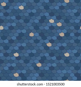 Abstract seamless pattern. Stylized roof shingles. Shades of blue and beige. Random arc texture. For decoration, wallpaper, web-page background.