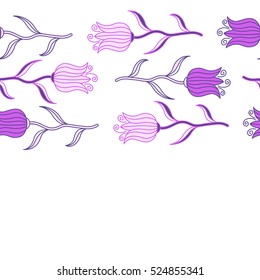 Abstract seamless pattern with stylized violet and neutral tulip flowers. Hold tulip flower. Horizontal tulip texture vector Illustration.