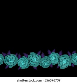 Abstract seamless pattern with stylized violet and blue rose flowers and copy space (place for your text). Hold rose flower. Horizontal rose texture vector Illustration.