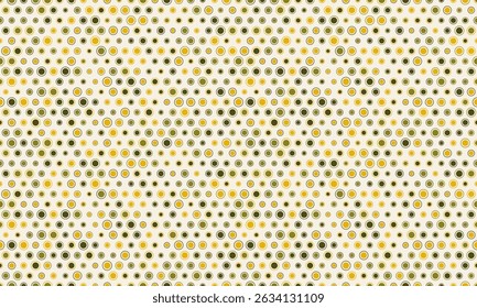 Abstract seamless pattern.  Subtle yet striking design featuring tiny circles in gold and olive green hues on a creamy white background.