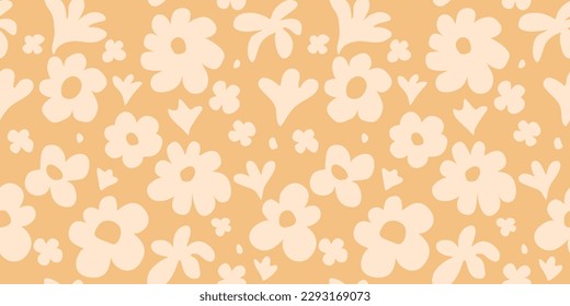 Abstract seamless pattern with summer flowers in the form of children's hand drawn drawings. Botanical banner in a minimalistic style for decoration, print, textile, wallpaper, interior design.