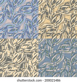 Abstract seamless pattern "summer foliage, fruits." Set of four color options. Painted hands. Vector.