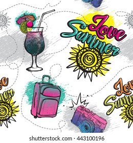 Abstract seamless pattern. Summer love background with cocktails, 
suitcase, sun, camera. Summer pattern for clothes. Funny pattern for boys and girls. Repeated abstract pattern. Seamless background