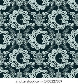 Abstract seamless pattern with sun and hamsa symbols, boho style, sketch vector illustration