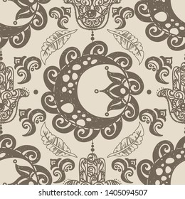 Abstract seamless pattern with sun and hamsa symbols, boho style, sketch vector illustration