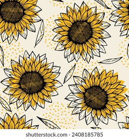 Abstract seamless pattern with sunflowers and dots. For textile design. Vector background
