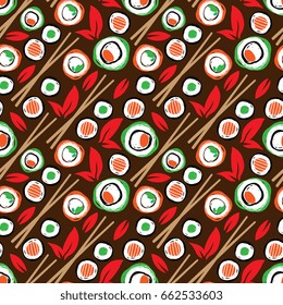 Abstract seamless pattern with sushi and chopsticks