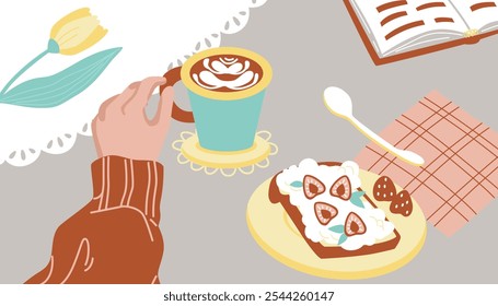 Abstractas patrón sin fisuras dulce desayuno. Panqueques con bayas en el plato, taza de café. Ilustración vectorial.