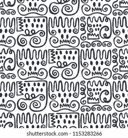 Abstract seamless pattern of swirling lines, dots, crown forming silhouettes of monsters in a tiled arrangement. Background for poster or cover. Figure for textiles. Hand drawn style.