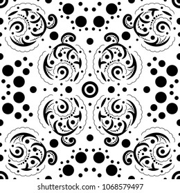 Abstract seamless pattern with swirls and dots . Vector background. Decorative background. Seamless abstract pattern in black and white.