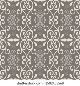 Abstract seamless pattern with swirls and snowflakes. Vector illustration in shades of sage, olive, cream, white and red.  