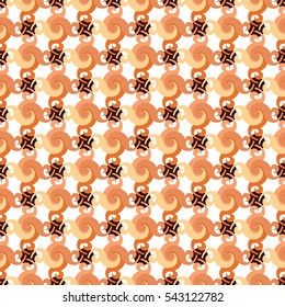 Abstract seamless pattern with swirls or twist, leaves and brown dots. Shades of beige. Background for wrapping paper, textile and web.
