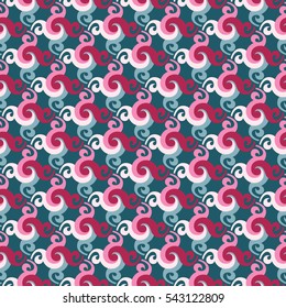 Abstract seamless pattern with swirls or twist and leaves. Shades of blue and pink. Muted colors. Good for wrapping paper, textile and web.