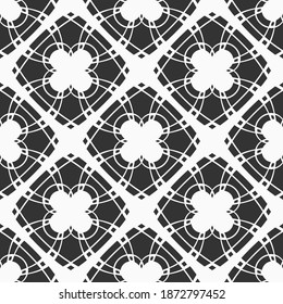Abstract seamless pattern with symmetric geometric shapes. Repeating tiles, ornament. Modern stylish texture. Vector monochrome background.