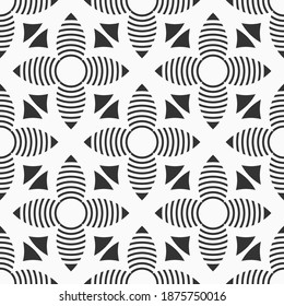 Abstraktes nahtloses Muster mit symmetrischen geometrischen Formen, gestreiften Blüten, Blumen. Wiederholende Fliesen, Zierwaren. Moderne, stilvolle Textur. Vektor-einfarbiger Hintergrund.