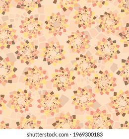 Abstract seamless pattern. Symmetrical ornament in soothing colors: beige, brown, yellow, pink. Vector illustration. 
