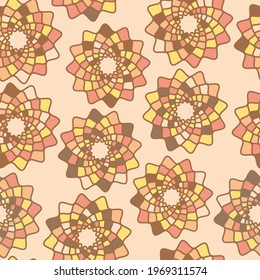 Abstract seamless pattern. Symmetrical ornament in soothing colors: beige, brown, yellow, pink. Vector illustration. 
