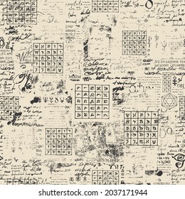 Abstract seamless pattern with tables, fragments of black typescript, handwritten scribbles and blots on an old paper. Repeating vector background, wallpaper, wrapping paper or fabric in grunge style