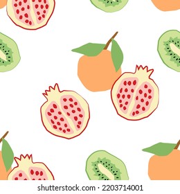 Abstract seamless pattern with tangerines, pomegranatess and kiwi in flat style. Vector wallpaper on a white background. Perfect for textiles or surface design