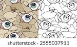 Abstract seamless pattern with tangled black lines on a beige background. Fresco with eyes or head of a bird with a beak. Vector doodle background with wavy stripes. Neurographic lines. Psychedelia