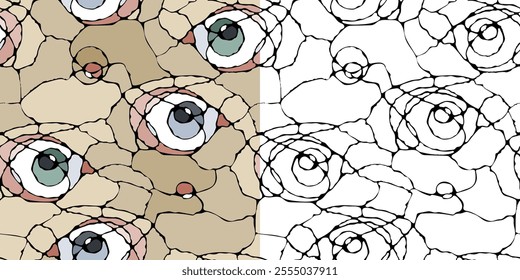 Abstract seamless pattern with tangled black lines on a beige background. Fresco with eyes or head of a bird with a beak. Vector doodle background with wavy stripes. Neurographic lines. Psychedelia