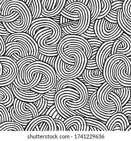 Abstract seamless pattern with tangled circles. Hand drawn B&W vector illustration.