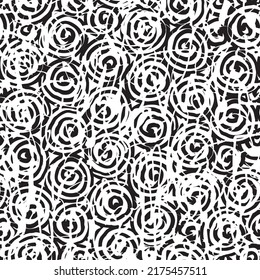 Abstract seamless pattern with tangled spiral doodles. Black and white vector background in grunge style. Graphic print for wallpaper, wrapping paper, fabric, clothes. Squiggle freehand texture